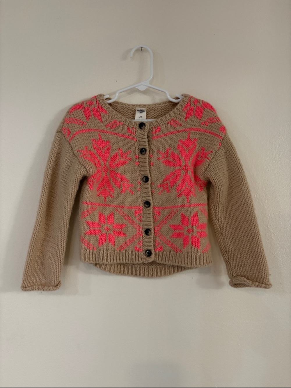 Vtg OshKosh B'gosh Beige Cardigan with Neon Pink Snowflake Pattern